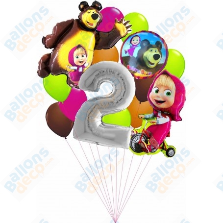 Ballons Masha et Michka en Grappe Avec Ballon Chiffre 2