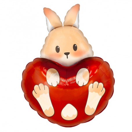 Ballon Lapin Beige Gros Coeur Rouge, Décorations ballons pour anniversaire, Naissance, Saint Valentin.