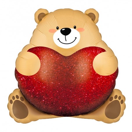 Ballon Ourson Beige Gros Coeur Rouge, Décorations ballons pour anniversaire, Mariage, St-Valentin.