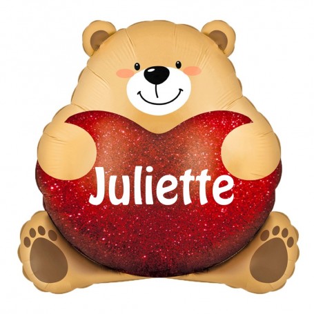 Ballon Ourson Beige Gros Coeur Rouge Avec Prénom, Décorations ballons pour anniversaire, Mariage, St-Valentin.