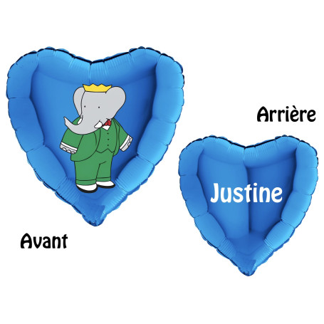Ballon Babar Coeur Bleu avec Prénom, Décorations ballons pour anniversaire.