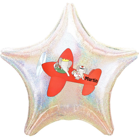 Ballon Babar Avion étoile avec Prénom Anniversaire 1 face, Décorations ballons pour anniversaire.
