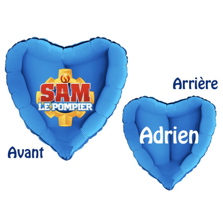 Ballon Sam le Pompier Coeur Bleu Prénom, Décorations ballons pour anniversaire.