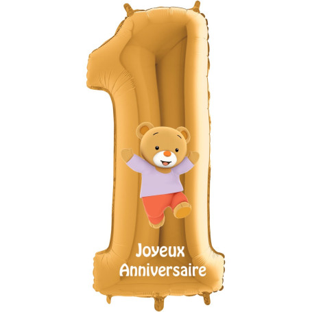Ballon Doudou T'Choupi Chiffre Un Or Anniversaire, Décorations ballons pour anniversaire.