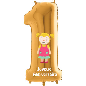 Ballon Jeanne T'Choupi Chiffre Un Or Anniversaire, Décorations ballons pour anniversaire.