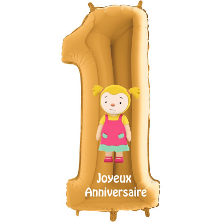 Ballon Jeanne T'Choupi Chiffre Un Or Anniversaire, Décorations ballons pour anniversaire.