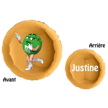 Ballon M&M's Vert Rond Or et Prénom, Décorations ballons pour anniversaire.