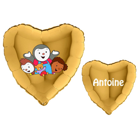 Ballon T'choupi et ses Amis Coeur Or avec Prénom, Décorations ballons pour anniversaire.