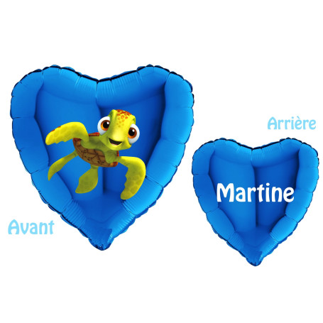 Ballon Squiz la Tortue Nemo Coeur Bleu avec Prénom Disney, Décorations ballons pour anniversaire.
