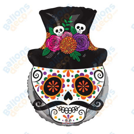 Ballon Tête de Squelette Chapeau Mexicain, Décorations ballon Fête Mexicaine.