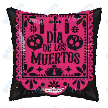 Ballon Carré Dia de Los Muertos Rose et Noir, Dessin animé Coco Disney.