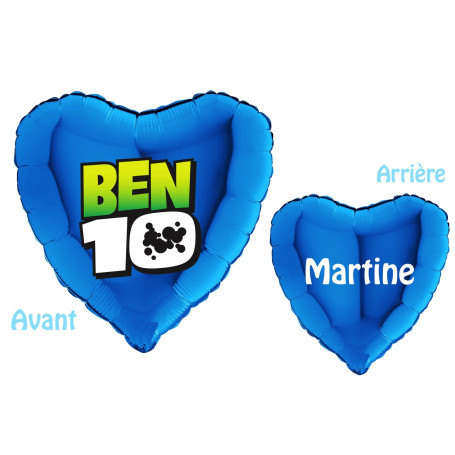 Ballon Ben 10 Coeur Bleu Logo avec le Prénom, Décorations ballons pour anniversaire.