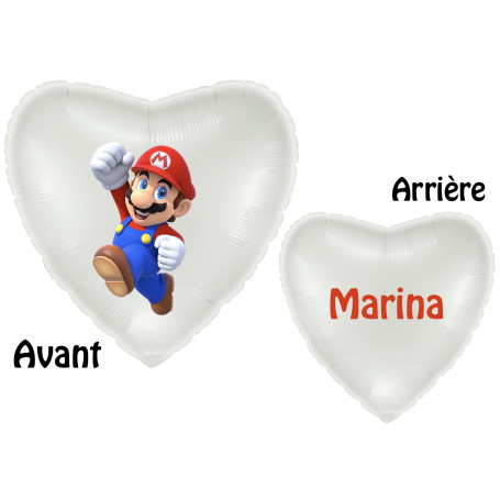 Ballon Super Mario Coeur Blanc Avec Prénom, Décorations ballons pour anniversaire Nintendo.