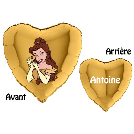 Ballon Princesse Belle Coeur Or avec le Prénom, Décorations ballons pour anniversaire Disney.