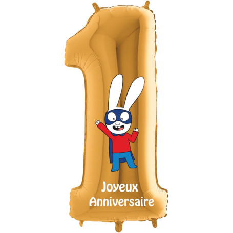 Ballon Simon Superlapin Happy Chiffre Un Or, Décorations ballons pour anniversaire.