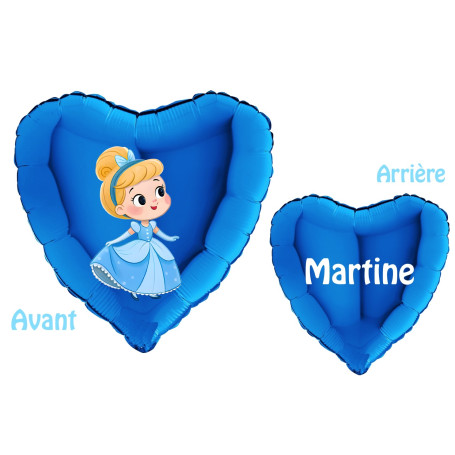 Ballon Cendrillon Coeur Bleu avec Prénom Disney, Décorations ballons pour anniversaire.
