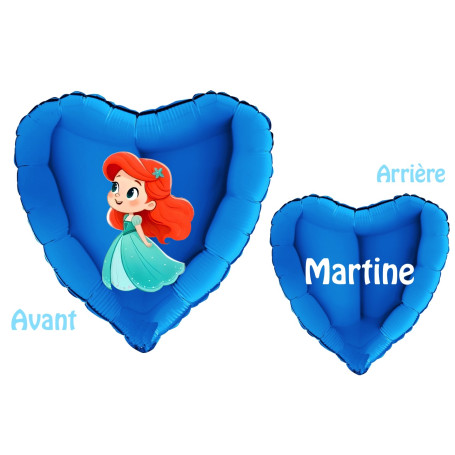 Ballon Ariel La Petite Sirène Coeur Bleu avec Prénom Disney, Décorations ballons pour anniversaire.