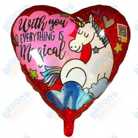 Ballon Licorne Coeur Holographique, décoration ballon Saint Valentin, Amour, Vitrine
