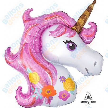Ballon Licorne Fleurs Holographique, décoration ballon anniversaire, unicorn
