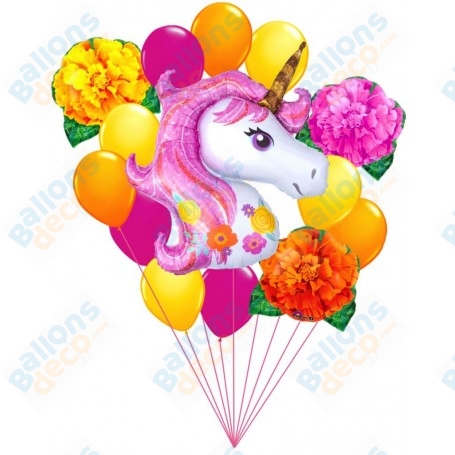 Ballons Licorne Fleurs En Grappe, décorations ballons anniversaire enfants.