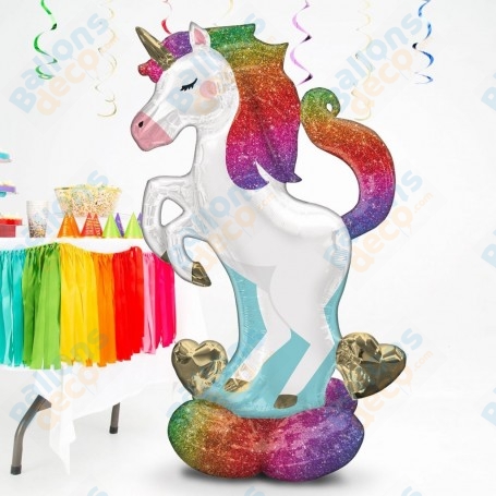 Ballon Licorne Arc-en-ciel Géante Airloonz, décoration d'anniversaire pour enfant et vitrine de magasin.