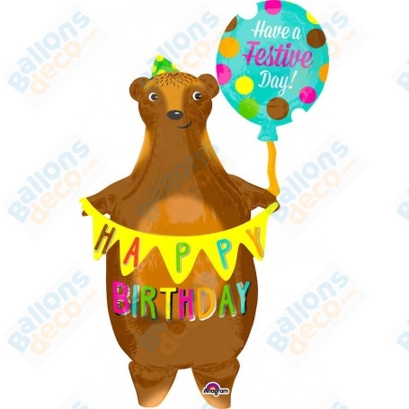 Ballon Ours Marron Happy Birthday, Décoration ballon anniversaire, animaux de la forêt.