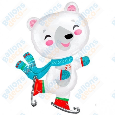 Ballon Ourson Blanc Patinage, décoration ballon de Noël, vitrine de magasin.