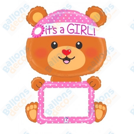 Ballon Ourson Rose Texte Géant, décoration ballon naissance de fille.