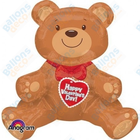 Ballon Ourson Marron Coeur Rouge 3D Air, Décoration ballon Saint Valentin.
