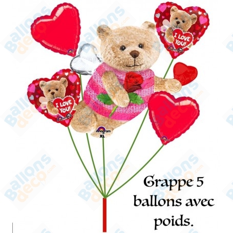 Ballons Ourson Love et ses Ballons Coeurs en Grappe, Décoration ballon St-Valentin.