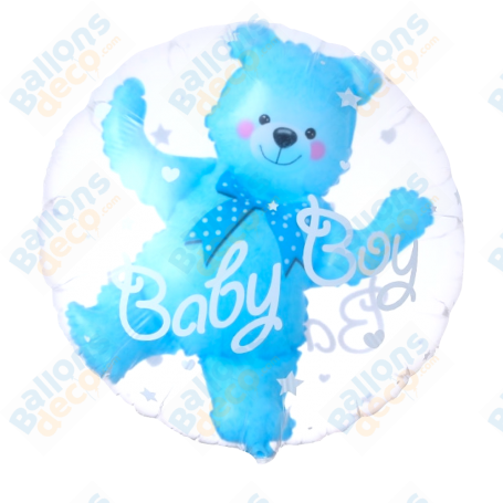 Ballon Bubbles Double Ourson Bleu, décoration ballon naissance garçon et baby shower.