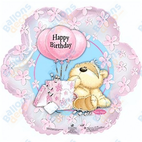 Ballon Fleur Happy Birthday Ourson, Décoration ballon Anniversaire mignon.