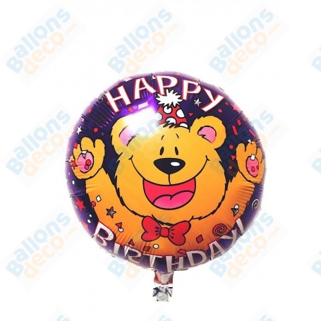 Ballon Happy Birthday Ourson Violet, décoration ballon d'anniversaire mignon.