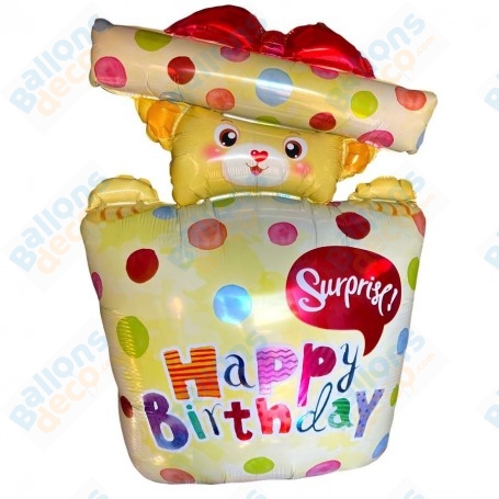 Ballon Ourson Cadeau Happy Birthday Surprise, décoration ballon anniversaire.
