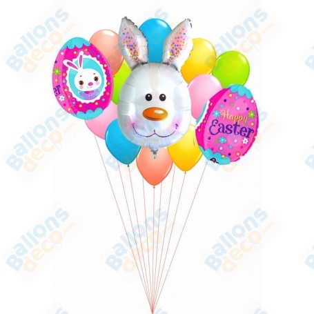Ballons Lapin Mignon Avec Oeufs en Grappe, décoration ballons de Pâques, vitrine de magasin.