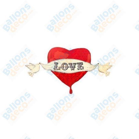 Ballon Coeur Love avec 2 Colombes Holographique, décoration ballon mariage, Décoration Saint Valentin