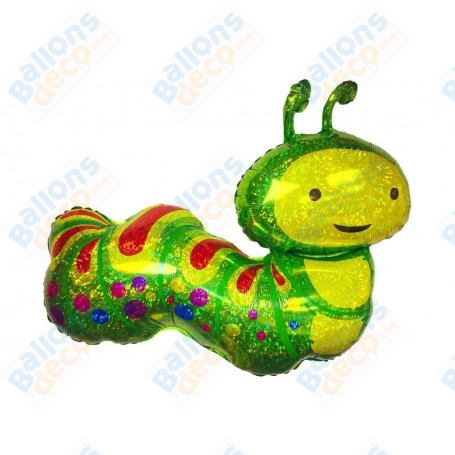 Ballon Chenille de couleur Verte Holographique, décoration insectes et décoration d'anniversaire.