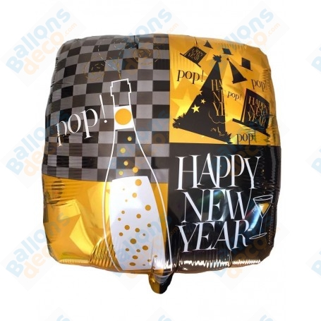 Ballon Happy New Year Carré Or et Noir