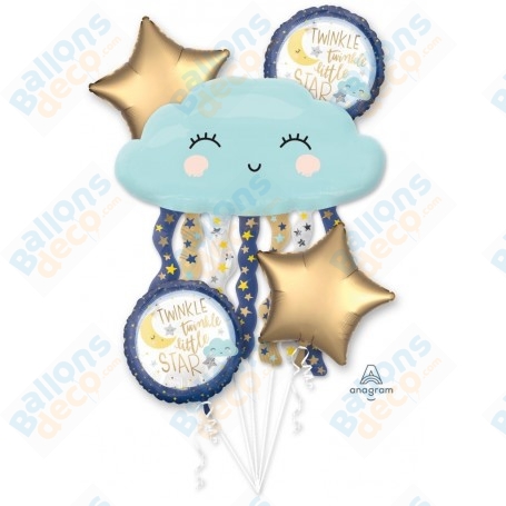 Ballons Nuage avec Etoiles Or Satin en Grappe