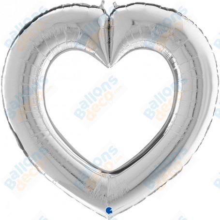 Ballon Coeur Argent Géant Ouvert Selfie