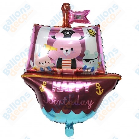 Ballon Bateau Pirate Happy Birthday Rose ou Bleu