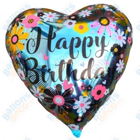 Ballon Happy Birthday Coeur Fleurs Ciel