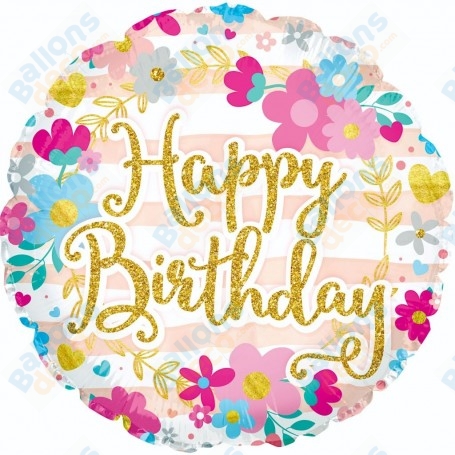 Ballon Fleurs Pale Happy Birthday