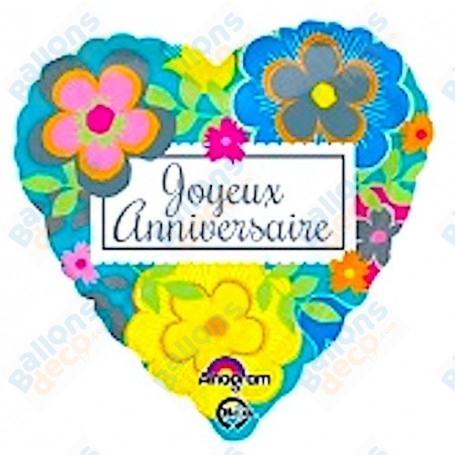 Ballon Joyeux Anniversaire Coeur Fleurs
