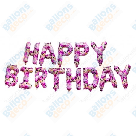 Ballons Minnie Lettres roses Happy Birthday, Disney, Décorations ballons pour anniversaire.
