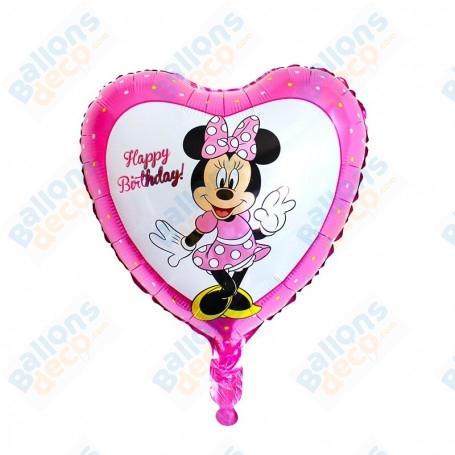 Ballon Minnie Happy Birthday Coeur rose Disney, Décorations ballons pour anniversaire.