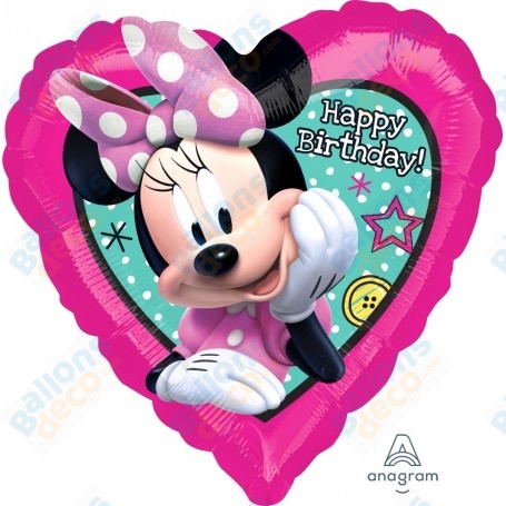 Ballon Minnie Coeur rose Happy Birthday Disney Anagram, Décorations ballons pour anniversaire.