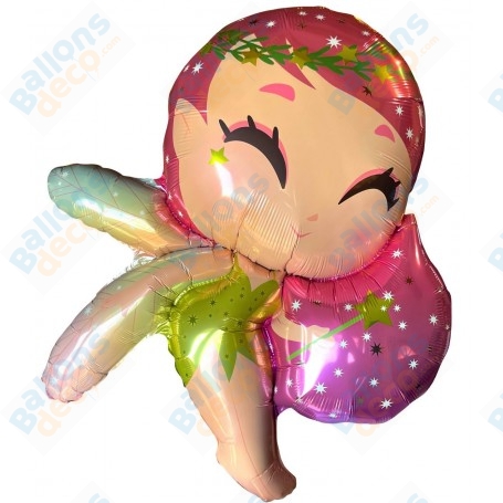 Ballon Fée Cartoon Cheveux Rose Flexmetal, décoration anniversaire féérique, Ballon pour vitrine.