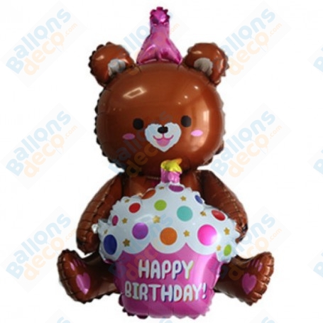 Ballon Ourson Marron Avec Gâteau Happy Birthday Air, décoration ballon anniversaire.