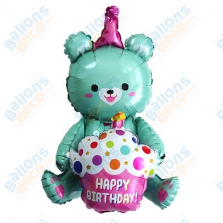 Ballon Ourson Vert Avec Gâteau Happy Birthday Air, Décoration ballon anniversaire.